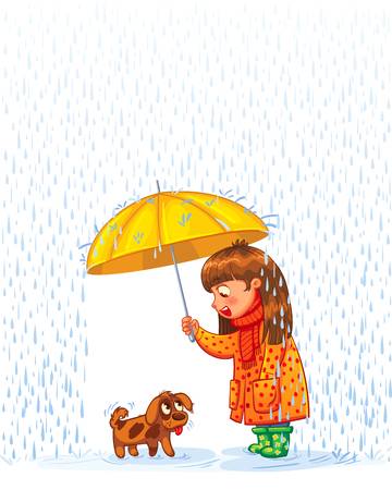 50125194 the girl under an umbrella with a small homeless puppy protect pet from autumn rain funny cartoon ch